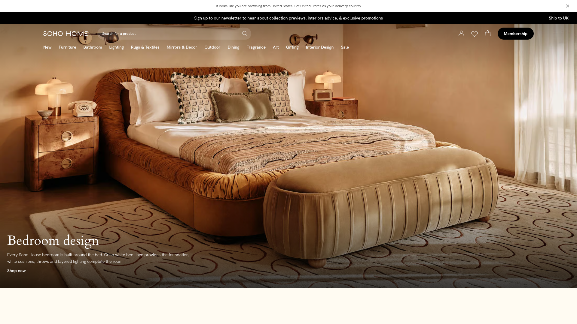 Soho Home luxury interiors e-commerce website screenshot