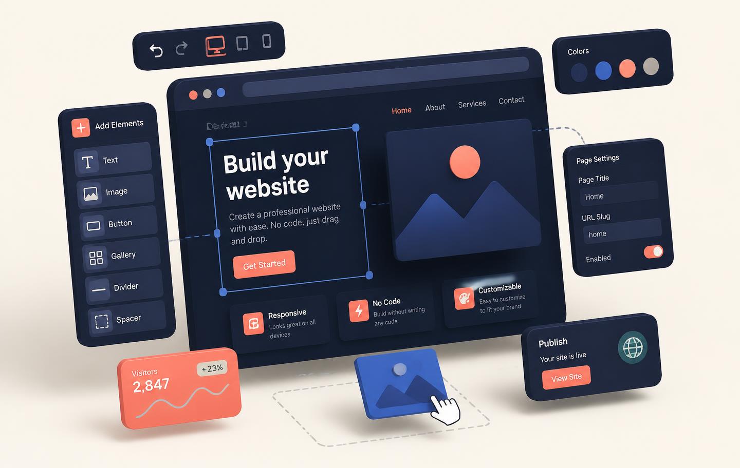 Website builder interface with floating UI components and analytics cards