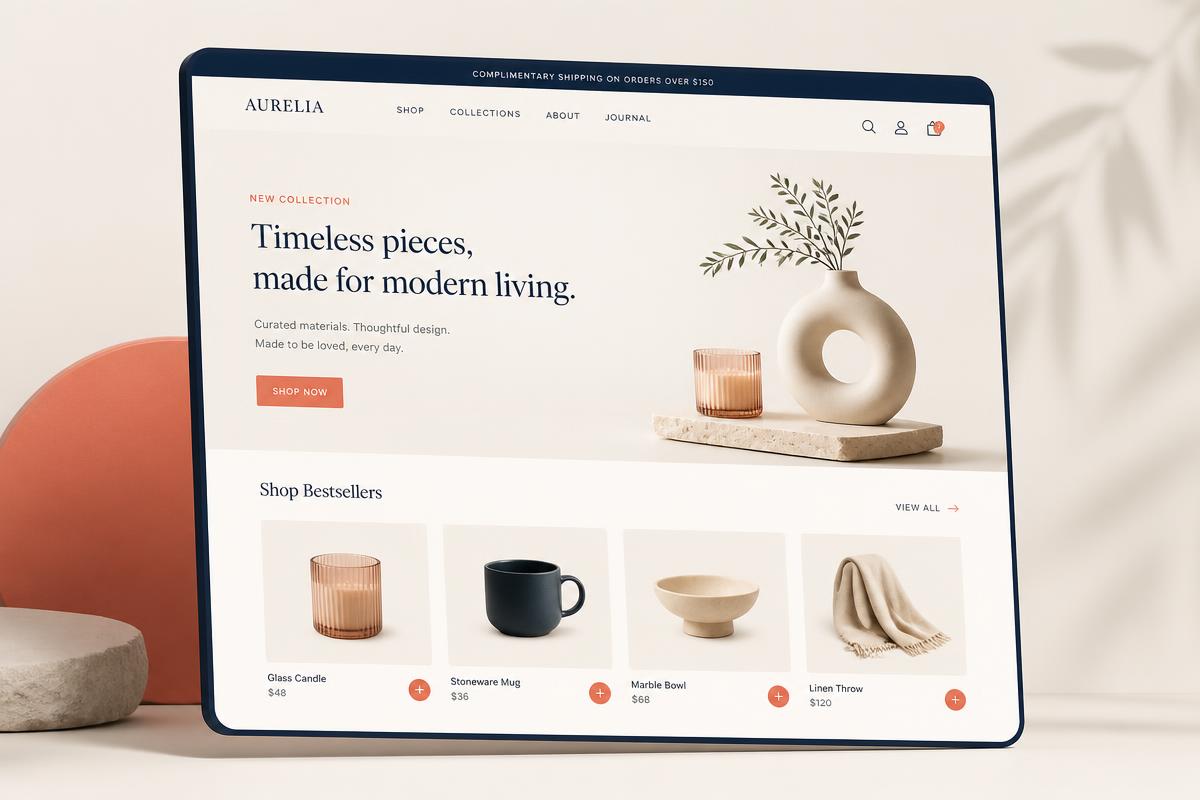 Minimal e-commerce website mockup on a desktop screen